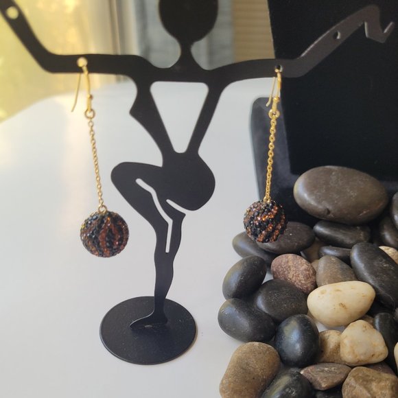 Ball Dangle Earring with Black & Brown Crystals - Picture 7 of 9